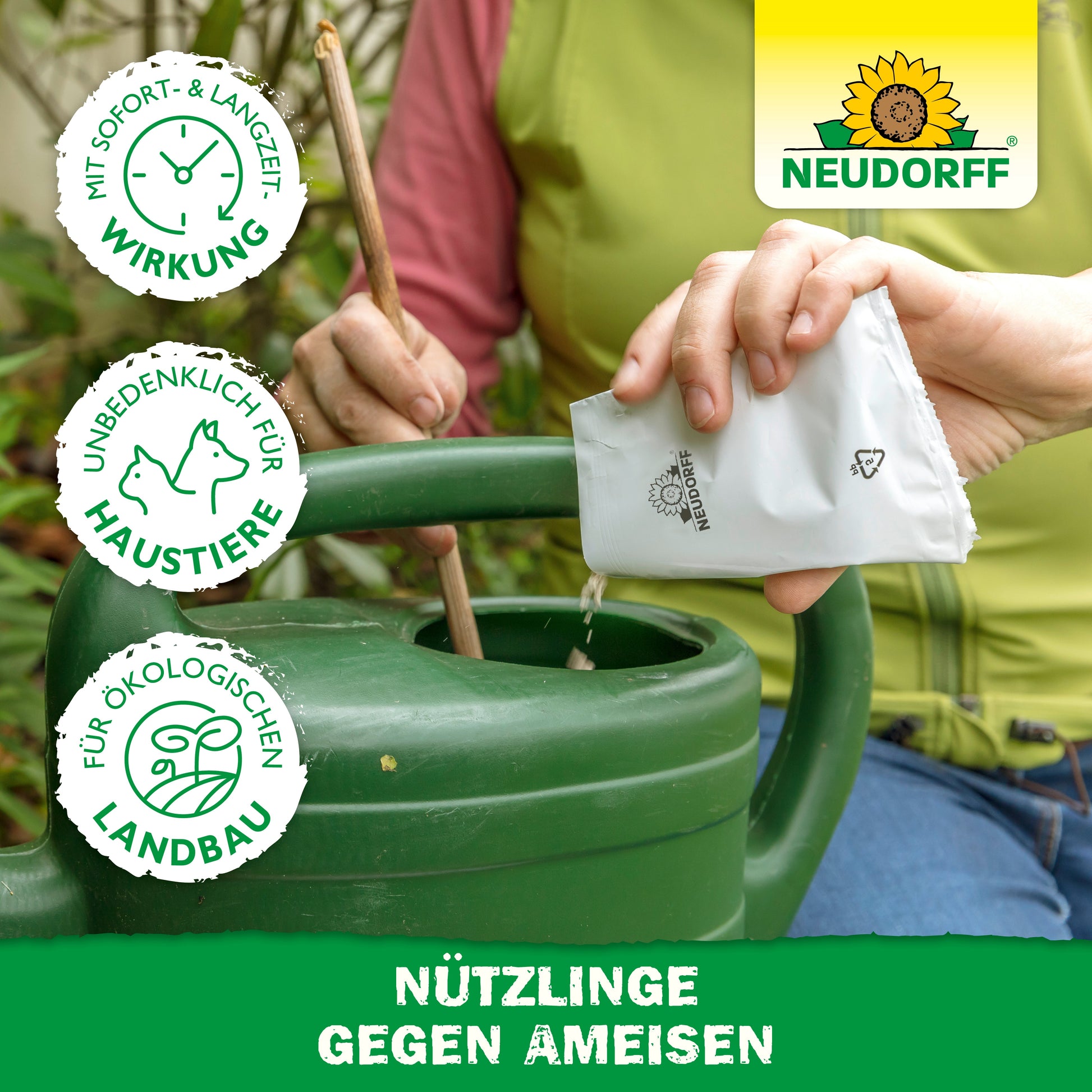 Eine Person schüttet eine weiße Packung "Nützlinge gegen Ameisen" von Neudorff Shop in eine grüne Gießkanne. Icons zeigen Sofort- und Langzeitwirkung, Sicherheit für Haustiere und Eignung für den ökologischen Landbau. Text: "Nützlinge gegen Ameisen.