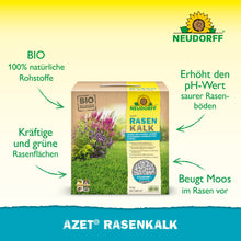 Eine Kiste Azet RasenKalk aus dem Neudorff Shop steht auf dem Rasen und präsentiert die Vorteile: 100% natürliche Materialien, grünere Rasenflächen, Erhöhung des pH-Werts in sauren Böden und Moosvorbeugung. Oben rechts ist das Neudorff-Logo zu sehen.