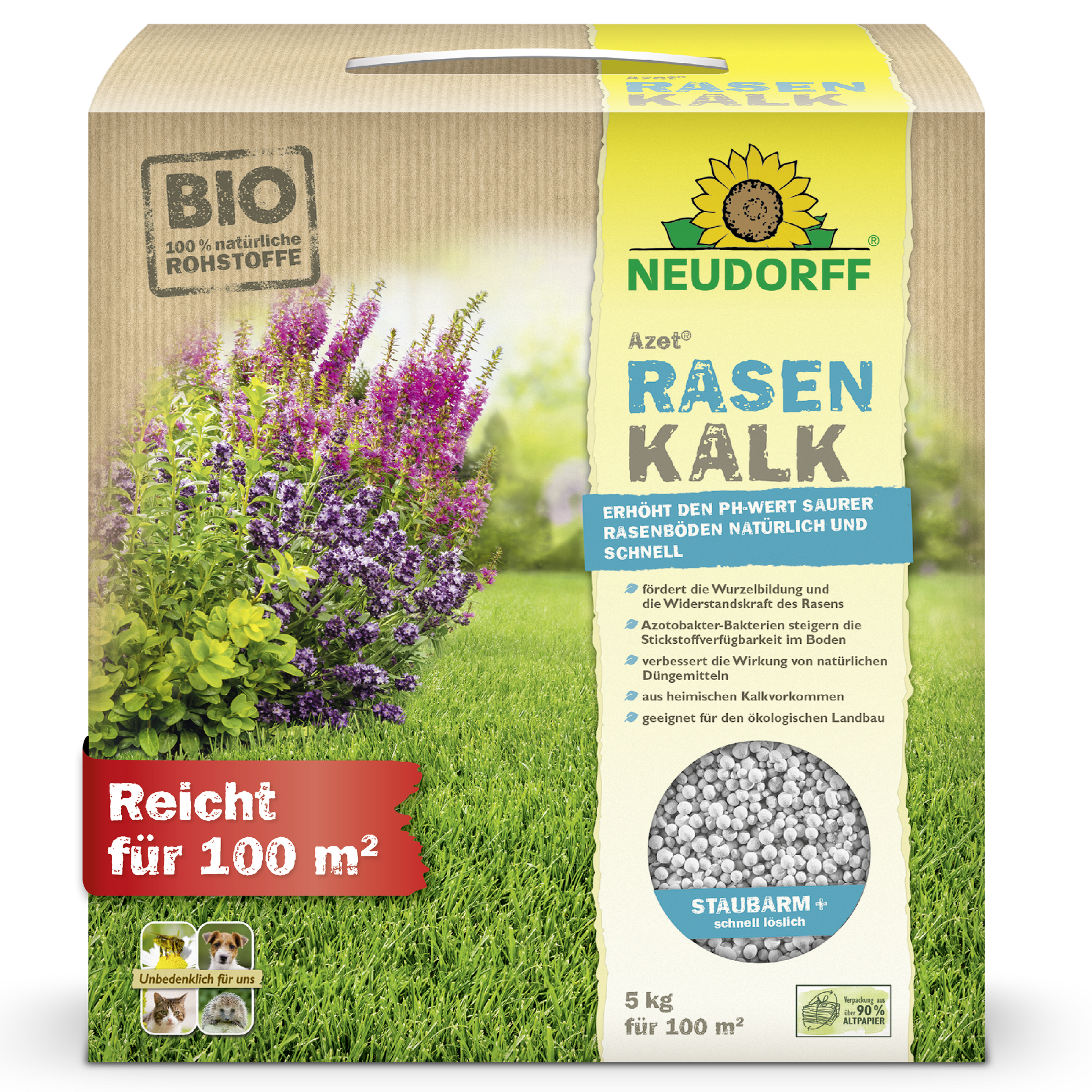 Eine 5 kg Kiste Azet RasenKalk von Neudorff Shop mit grünem Rasen und violetten Blumen, inklusive Griff und rotem Etikett "Reicht für 100 m²". Ideal zur Bekämpfung von Moos.