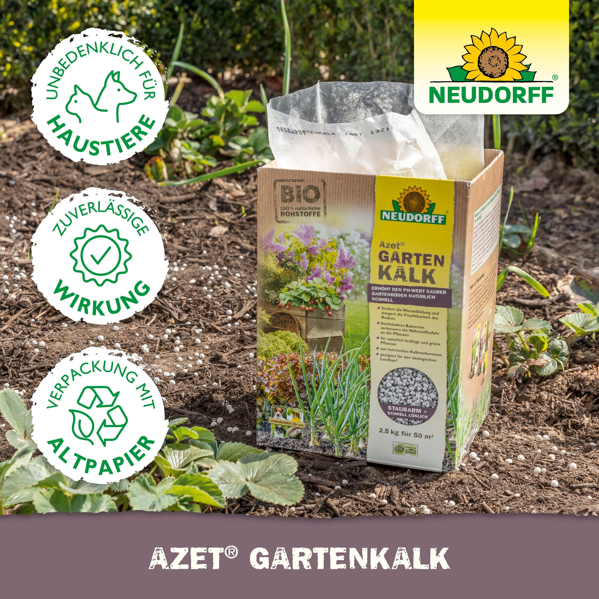 Azet GartenKalk aus dem Neudorff Shop zeigt ein Gartenbild und gibt Tipps zum Ausgleich des pH-Wertes im Boden und zum Umgang mit sauren (sauren) Böden.