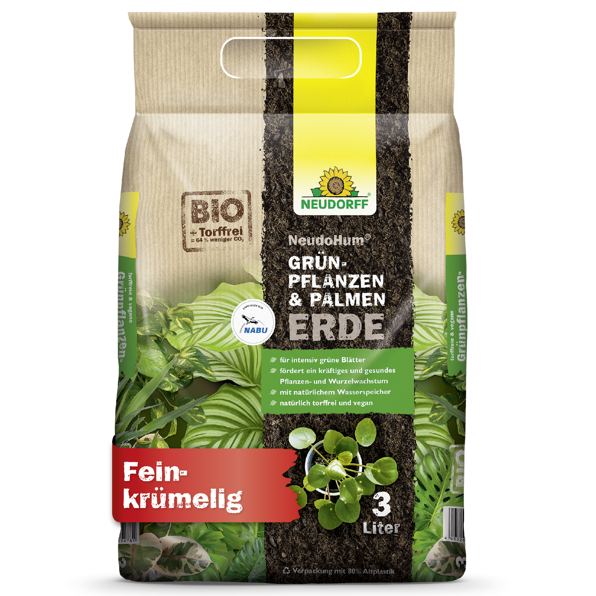 Ein 3-Liter-Beutel NeudoHum Grünpflanzen- & PalmenErde aus dem Neudorff Shop in beige-grüner Verpackung mit Pflanzenbildern, Produktinfos, einem roten "Fein-krumelig"-Etikett und einem Hinweis auf seinen natürlichen Wasserspeicher.