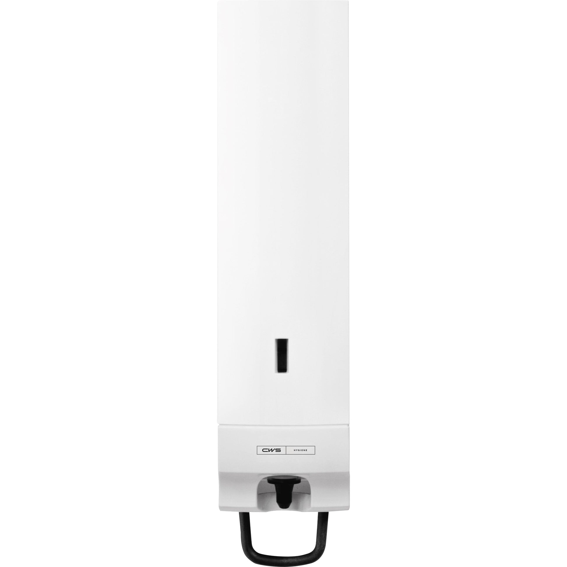 Der CWS ParadiseLine Seifenschaumspender Foam Slim inklusive Panel in Weiß ist ein wandmontierter Spender mit Sichtfenster und schwarzem Griff. Perfekt für hygienische Handwäsche, mit Markenlogo "CWS" auf der Front.