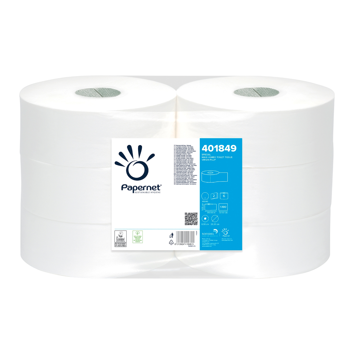 Papernet Maxi, 2 lg pulp, 360m, Ø rol 26,20cm, 1180 vellen. SPECIAAL Wit ECO | Karton (1 pak)