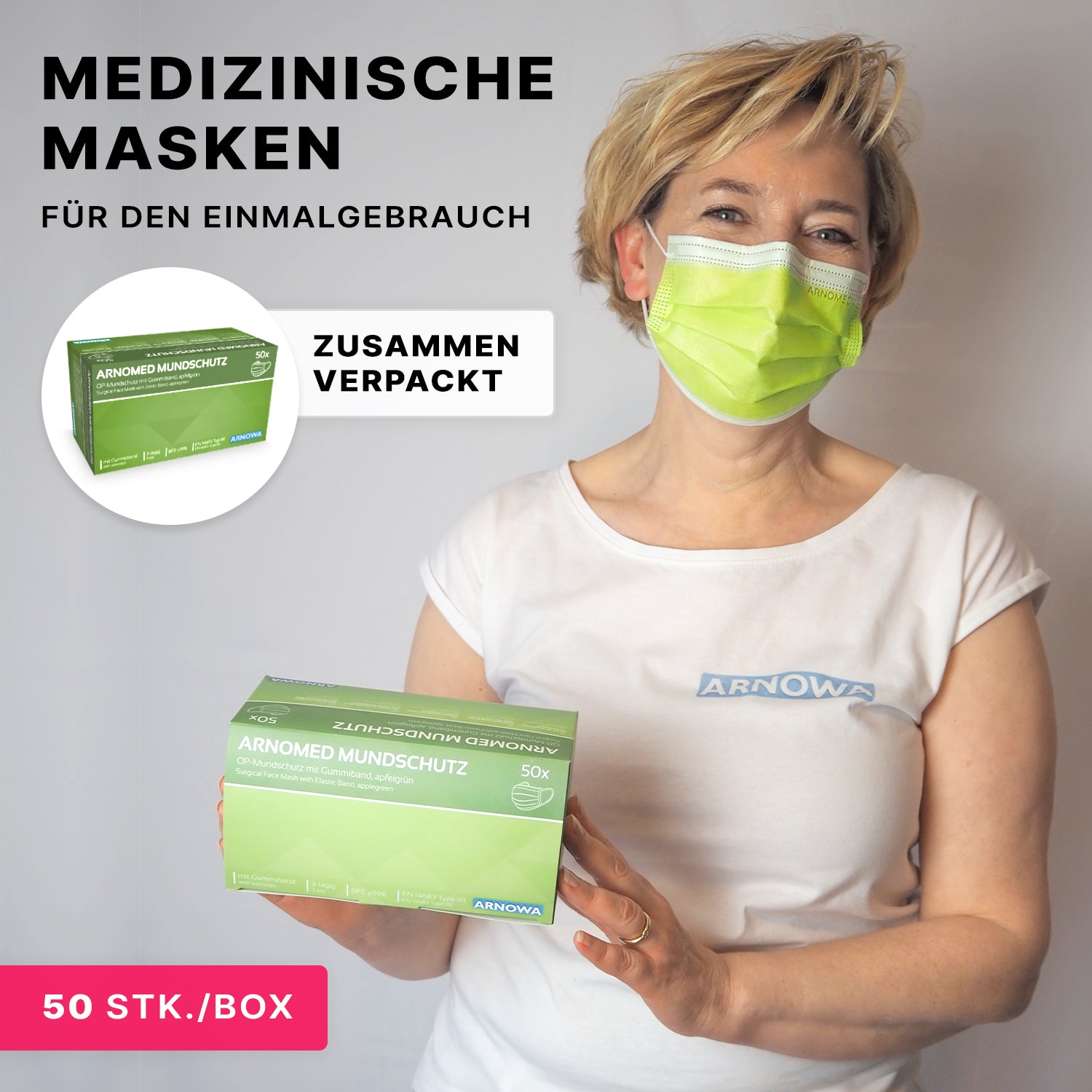 Eine Person, die einen grünen medizinischen Mundschutz trägt, hält eine ARNOMED MUNDSCHUTZ TYP IIR OP-Mundschutz mit Gummibändern Typ IIR Box der ARNOWA GmbH. Der Bildtext lautet: "Medizinische Masken für den Einmalgebrauch," "zusammen verpackt," und "50 Stk./Box.