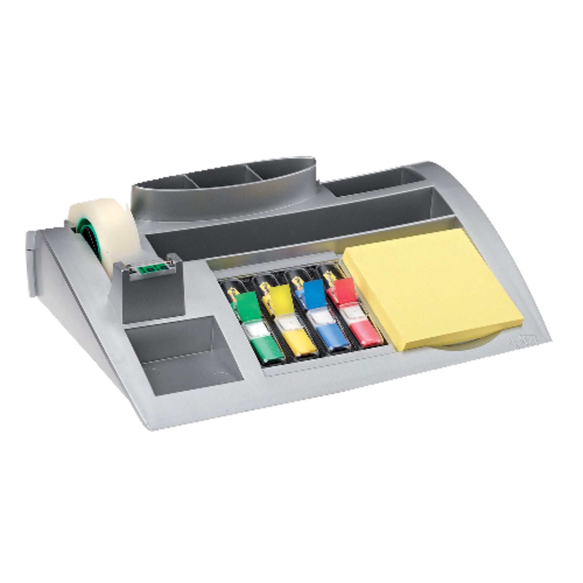 Der 3M Deutschland GmbH Post-it® Tisch-Organizer mit Post-it® Notes, Index und Scotch® Magic™ Klebeband (1 Stück) verfügt über mehrere Fächer für Büromaterialien, abgebildet auf einem schlichten weißen Hintergrund.