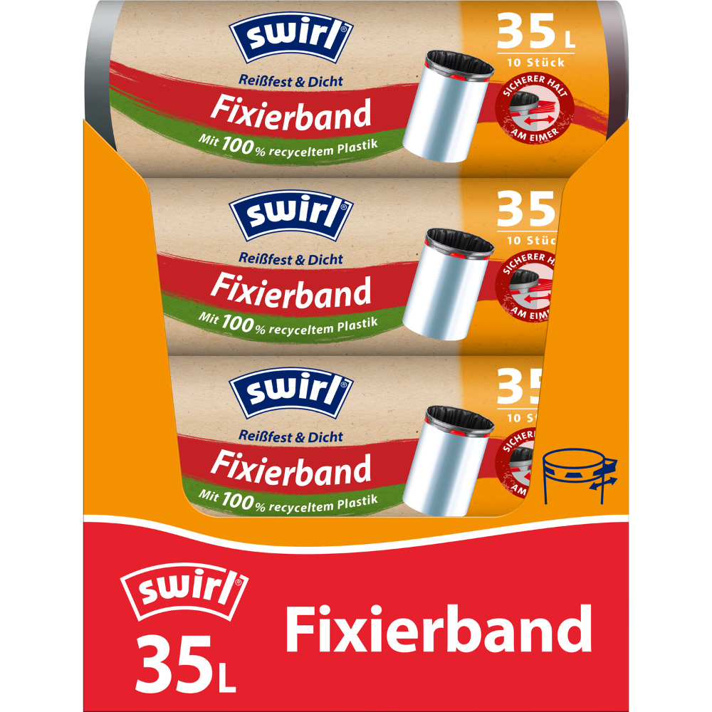 Drie rollen Swirl fixeerband-afvalzakken 35 l scheurvast & dicht van Melitta Europa GmbH & Co. KG met elk 10 zakken in oranje-rode verpakking, gemaakt van gerecycled plastic en met elastisch fixeerband voor een veilige sluiting.
