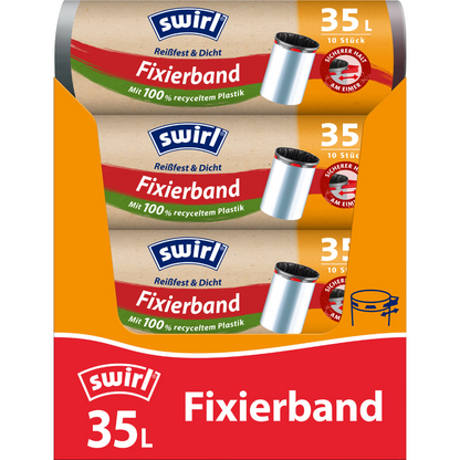 Drie rollen Swirl fixeerband-afvalzakken 35 l scheurvast & dicht van Melitta Europa GmbH & Co. KG met elk 10 zakken in oranje-rode verpakking, gemaakt van gerecycled plastic en met elastisch fixeerband voor een veilige sluiting.