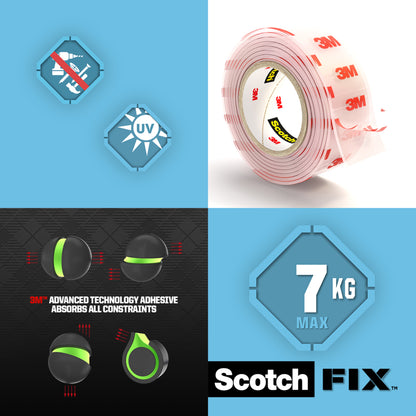 Eine Werbegrafik für Scotch-FIX™ Transparentes doppelseitiges Montageband 4910C von 3M Deutschland GmbH zeigt Symbole für Wasser- und UV-Beständigkeit, eine durchsichtige Klebebandrolle mit rotem 3M-Branding, Angaben zur Klebekraft und ein Etikett mit dem Hinweis auf eine maximale Belastung von 7 kg.
