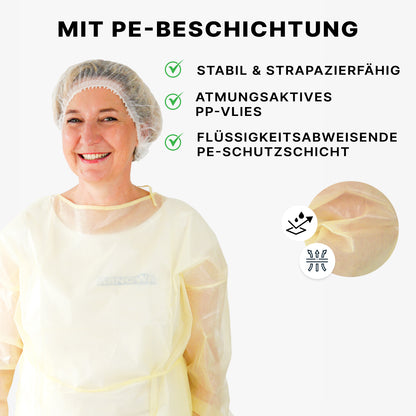 Een vrouw in een ARNOMED virusdichte wegwerpbeschermjas, geel, PP/PE-coating (ARNOWA GmbH), glimlacht met een haardeksel. Tekst en close-ups tonen de PE-coating, de ademend vermogen, de duurzaamheid en de vloeistofbestendigheid van de jas met symbolen.