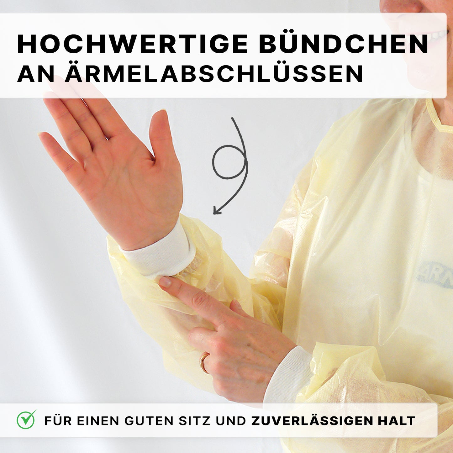 Een persoon draagt de ARNOMED virusdichte wegwerpbeschermjas van ARNOWA GmbH in geel en wijst naar de witte manchet aan de mouw. De tekst in het Duits benadrukt hoogwaardige boorden voor een veilige pasvorm en stevige grip.