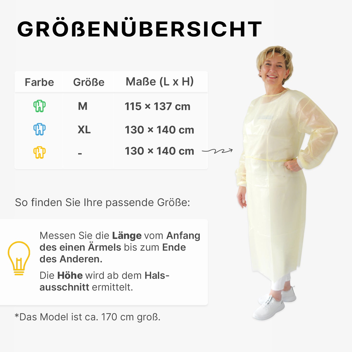 Een vrouw in een ARNOMED virusdichte wegwerpbeschermjas, geel (ARNOWA GmbH) glimlacht naast een Duitse maattabel, waarop de kleuren, maten en afmetingen van de jas worden aangegeven, met meetinstructies voor lengte en hoogte eronder.