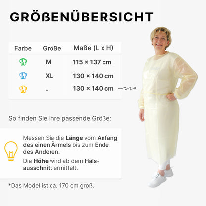 Een vrouw in een ARNOMED virusdichte wegwerpbeschermjas, geel (ARNOWA GmbH) glimlacht naast een Duitse maattabel, waarop de kleuren, maten en afmetingen van de jas worden aangegeven, met meetinstructies voor lengte en hoogte eronder.