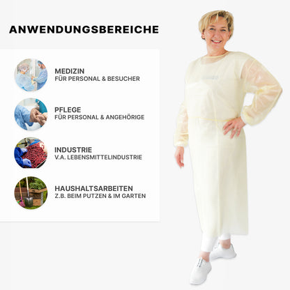 Een vrouw draagt de ARNOMED virusdichte wegwerpbeschermjas van ARNOWA GmbH (10 stuks, geel, PP/PE-coating) en glimlacht. Vier cirkels tonen de toepassingsgebieden: geneeskunde, zorg, industrie (voedsel) en huishouden (tekst in het Duits).