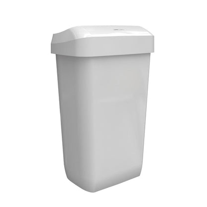 De afbeelding toont een witte, rechthoekige CWS ParadiseLine afvalbak Paper Bin (23 l) van CWS met een licht gebogen deksel voor een eenvoudige witte achtergrond.