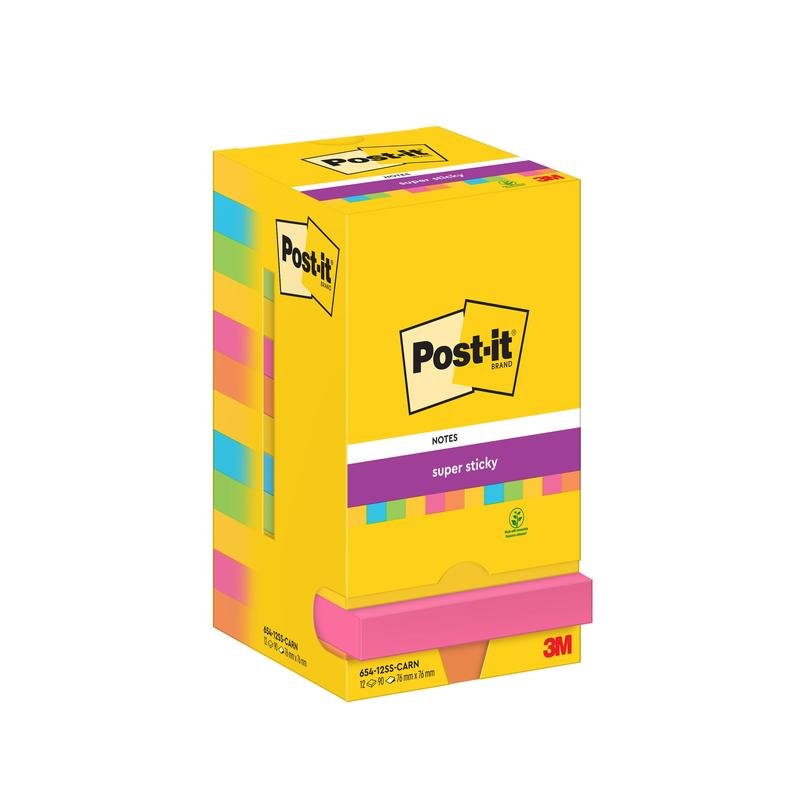 Een gele doos Post-it® Super Sticky Notes (76 mm x 76 mm, 90 vel/blok) van 3M Deutschland GmbH, met verschillende blokken en het Post-it-logo.