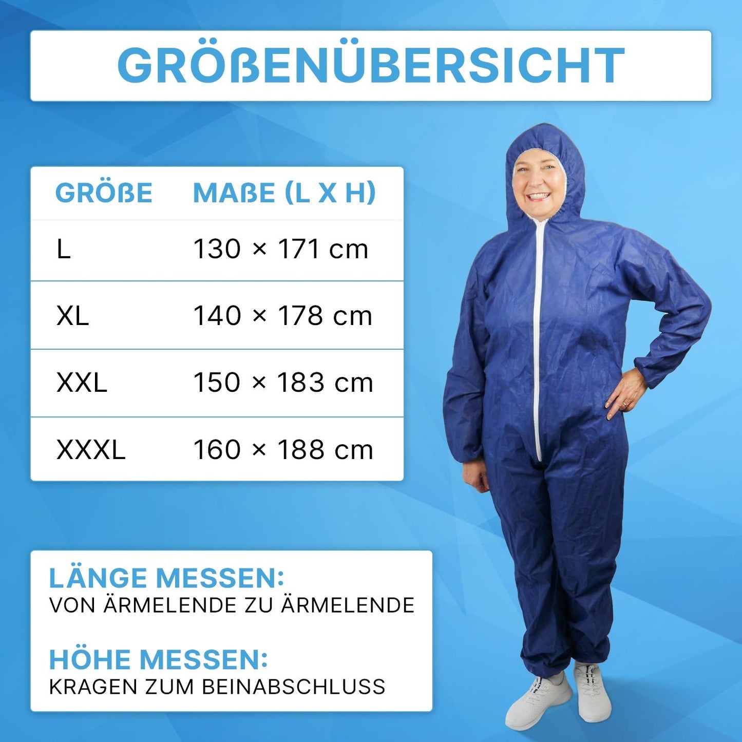 Een persoon die de ARNOMED COVER PP-OVERALL XTRA STRONG in blauw van ARNOWA GmbH draagt, glimlacht naast een tabel met de maten L-XXXL, waaronder op een blauwe achtergrond meetlengtes en maatgegevens worden weergegeven.