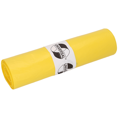 Een rol DEISS afvalzakken 575x1000x0,018 mm van HDPE 50 l van EMIL DEISS KG (GmbH + Co.), gele zakken met wit etiket en zwart "Universal"-logo op witte achtergrond.