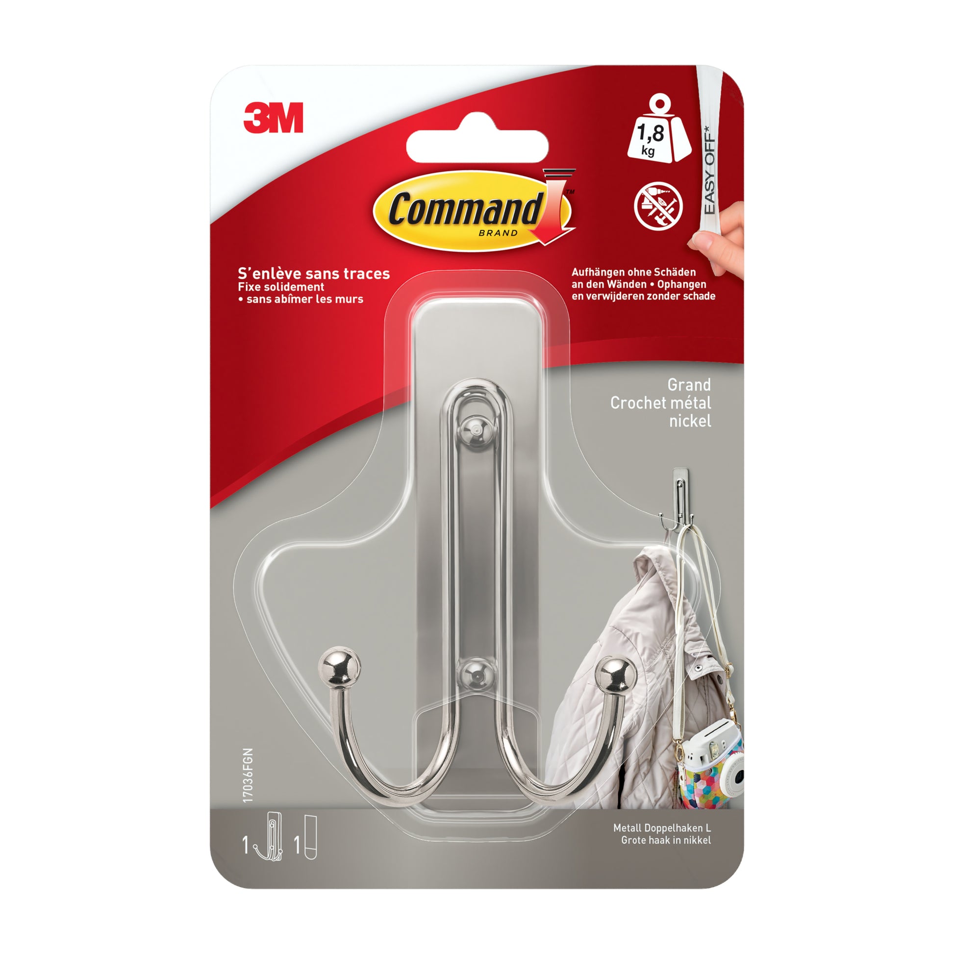 Der Großer Command™ Doppelhaken in gebürstetem Nickel (17036, 1 Haken, 1 Strip) von 3M Deutschland GmbH trägt bis zu 1,8 kg und wird in einer klaren Kunststoff- und roten Verpackung mit Anleitung geliefert.