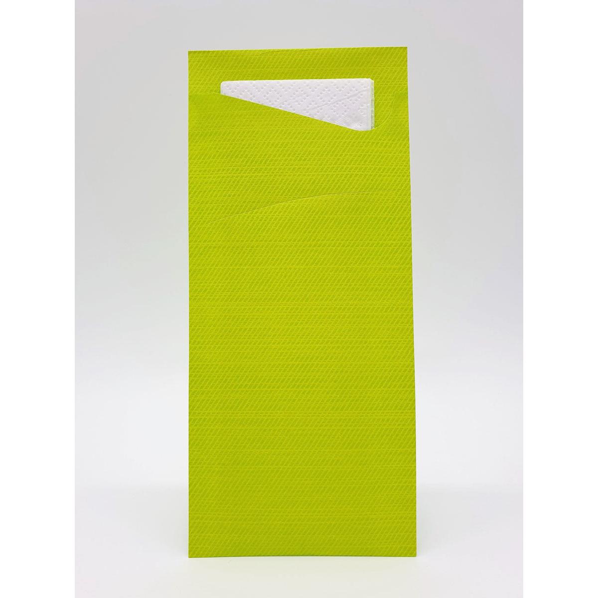 Een lindegroene, rechthoekige Sacchetto Zelltuch 190 x 85 mm van Duni GmbH met gestructureerd oppervlak, bovenaan gedeeltelijk open om zakdoeken of servetten erin te tonen. De achtergrond is effen wit. Ideaal voor wegwerpzakdoeken 190 x 85 mm.