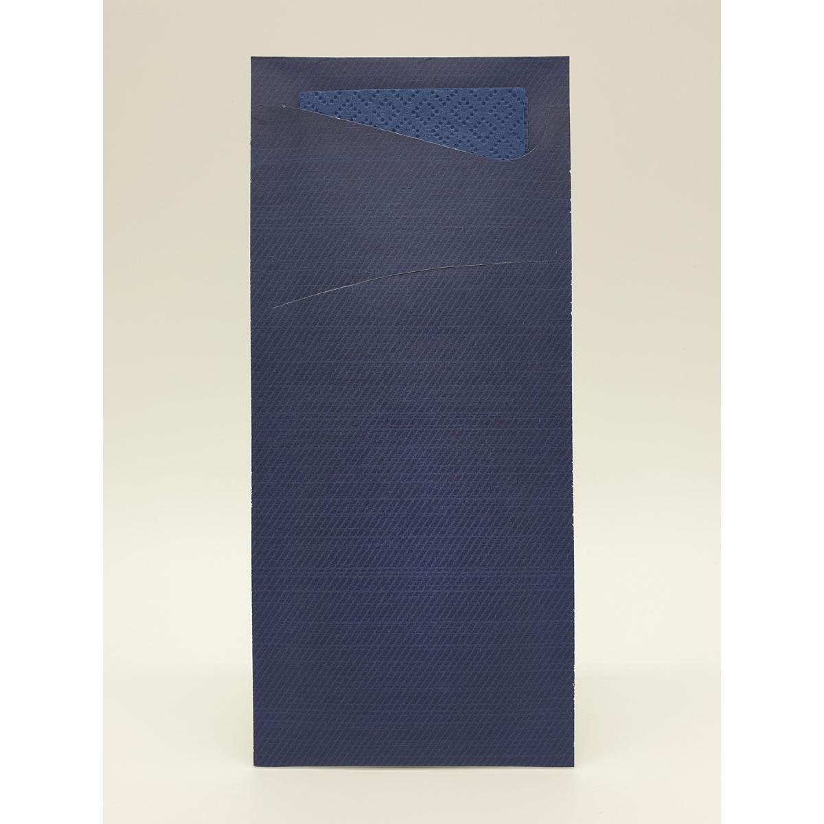 Een hoge, rechthoekige, donkerblauwe envelop van Duni GmbH staat rechtop voor een eenvoudige achtergrond. De gedeeltelijk geopende klep biedt zicht op een gestructureerde binnenvoering - ideaal voor het opbergen van Sacchetto Zelltuch 190 x 85 mm.
