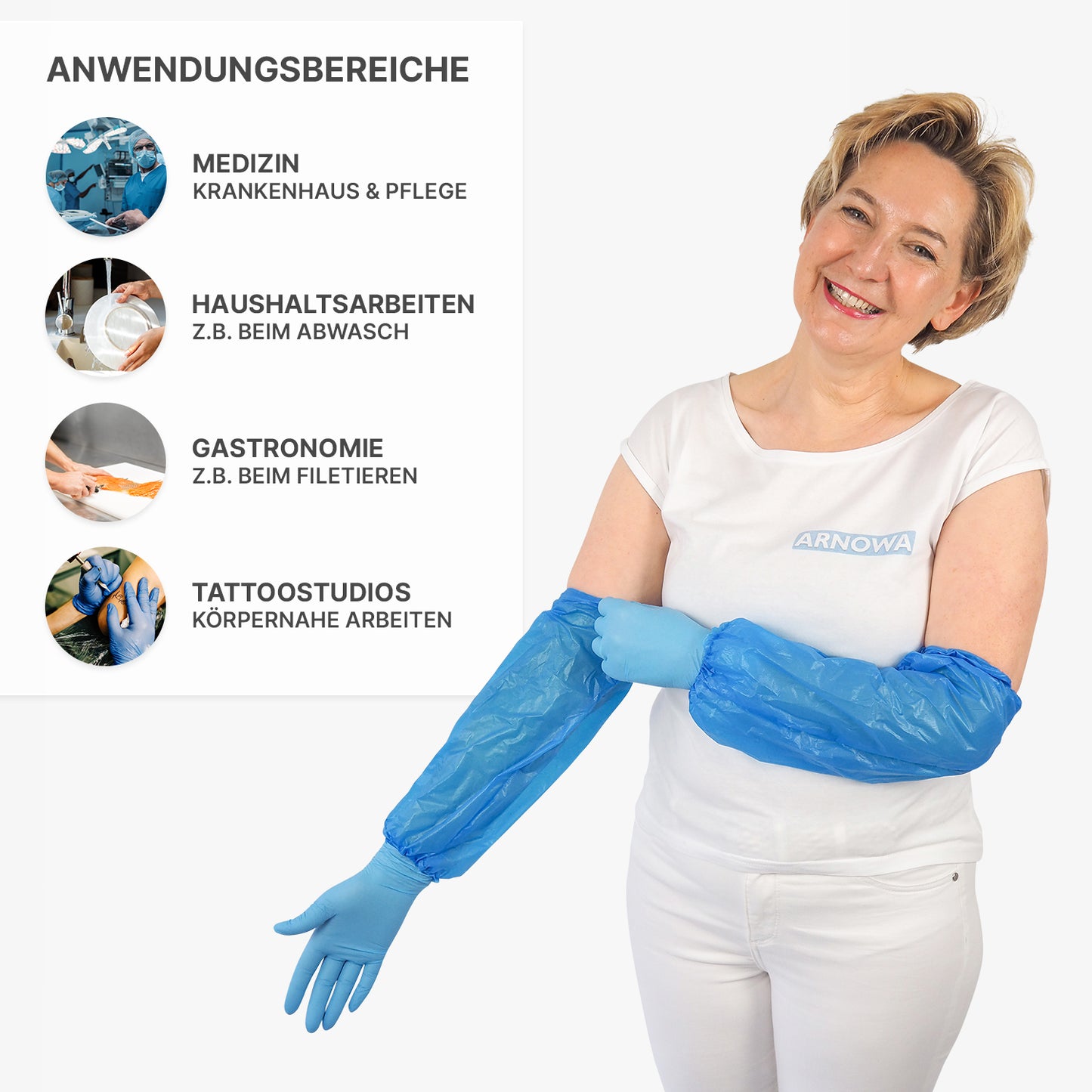 Eine lächelnde Frau im weißen Hemd setzt ARNOMED Xtra Strong PE-Ärmelschoner (flüssigkeitsabweisend, Einweg, 100 Stück, ARNOWA GmbH) auf. Icons neben ihr zeigen die Verwendung in Medizin, Haushalt, Gastronomie und Tattoo-Studios.