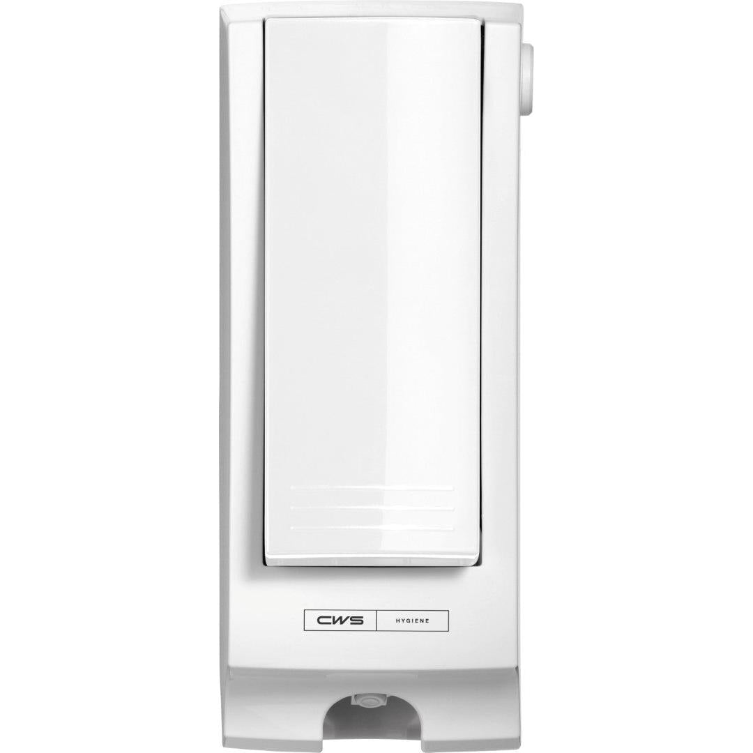 De witte CWS ParadiseLine toiletbrilreiniger-dispenser SeatCleaner inclusief paneel overtuigt met een modern, rechthoekig ontwerp en fijne lijnen - het label onderaan toont "CWS Hygiene" voor reinheid in elke omgeving.
