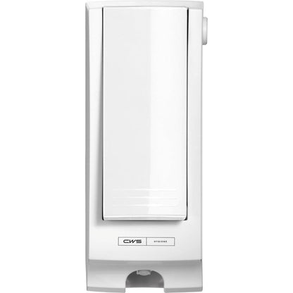 De witte CWS ParadiseLine toiletbrilreiniger-dispenser SeatCleaner inclusief paneel overtuigt met een modern, rechthoekig ontwerp en fijne lijnen - het label onderaan toont "CWS Hygiene" voor reinheid in elke omgeving.