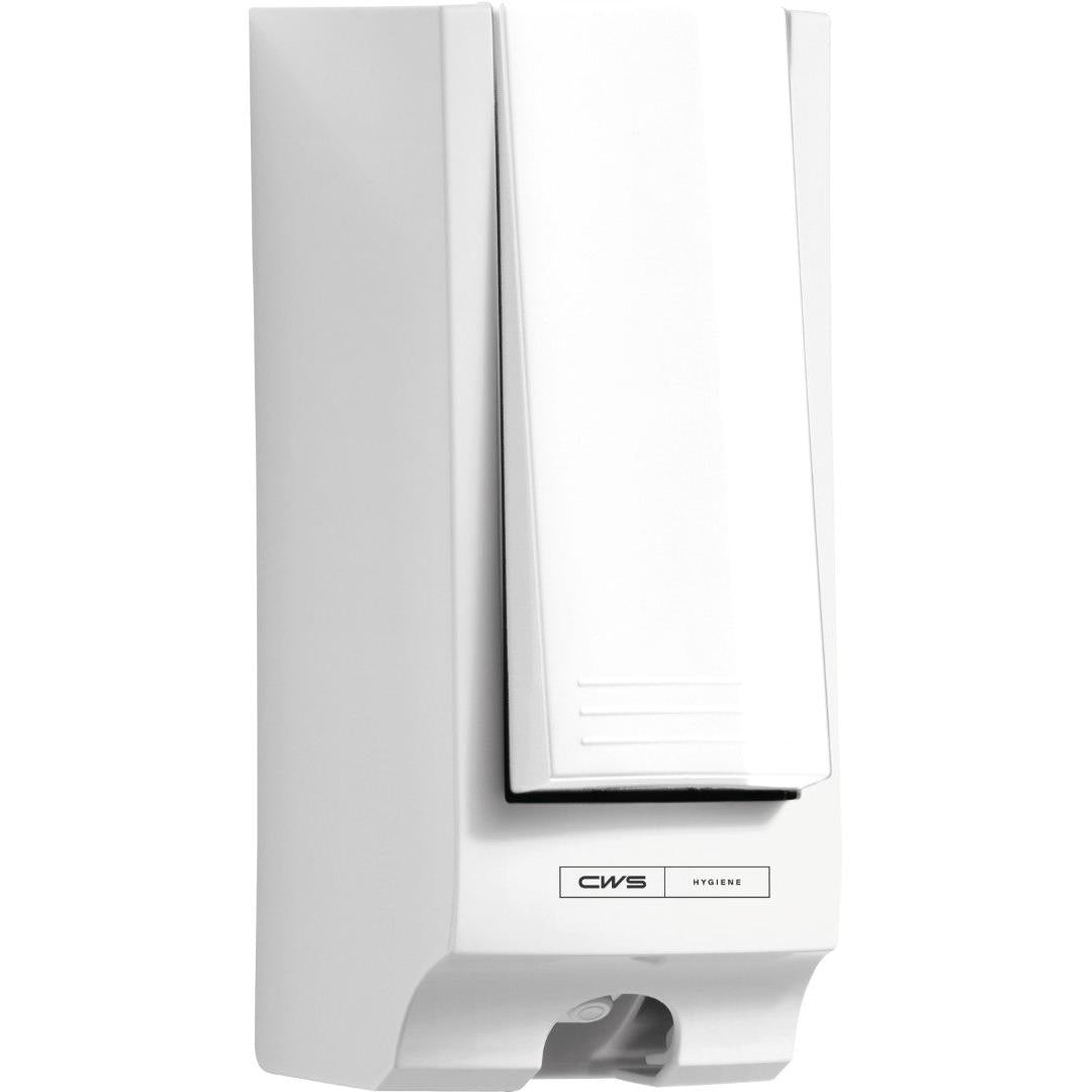 De CWS ParadiseLine toiletbrilreiniger-dispenser inclusief paneel Wit is een witte, wandgemonteerde, rechthoekige dispenser met een onderste drukhendel. De "CWS HYGIENE" voorkant biedt een modern ontwerp voor hygiënische reinheid in elke wasruimte.