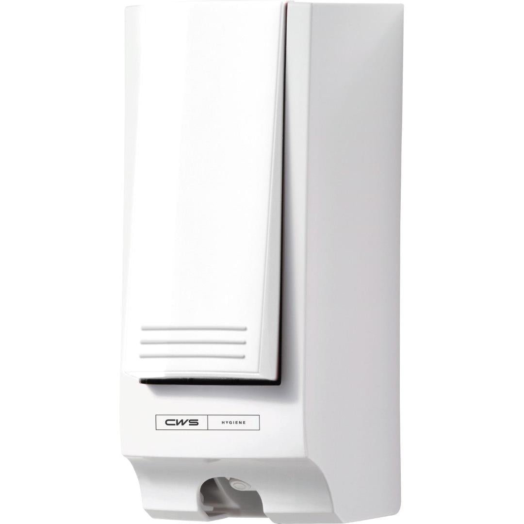 De CWS ParadiseLine toiletbrilreiniger-dispenser SeatCleaner in Wit is een rechthoekige, wandgemonteerde dispenser met een modern ontwerp, push-hendel onderaan en "CWS Hygiene"-label voor hygiënische reinheid.