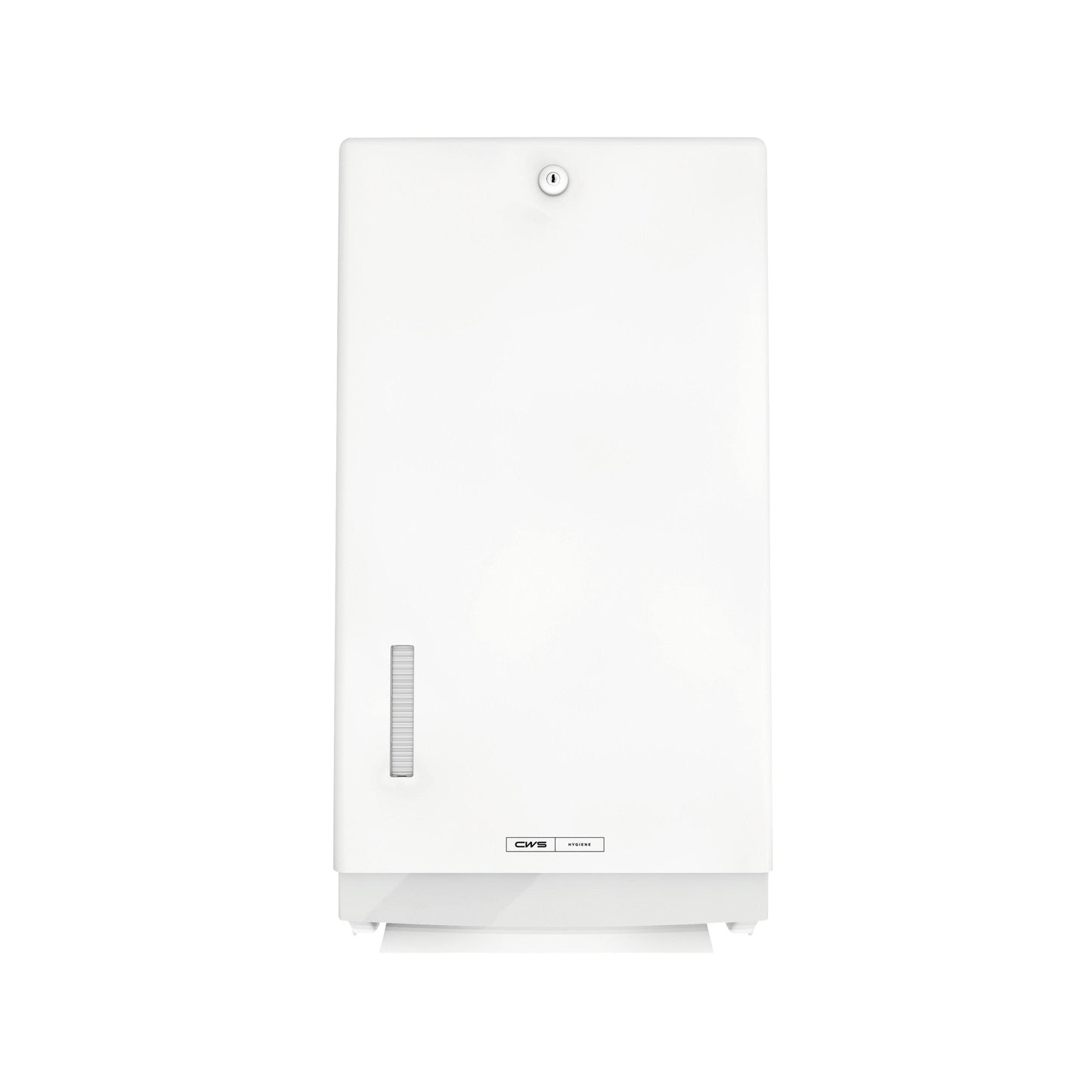 Der CWS ParadiseLine Faltpapierhandtuchspender Paper Universal, weiß, mit Schloss und Sichtfenster links ermöglicht hygienisches Händetrocknen mit universellen Papierhandtüchern.