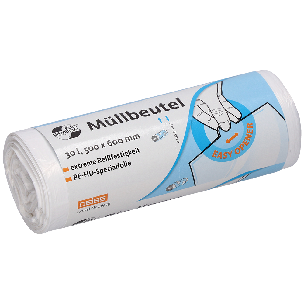 Een rol witte DEISS vuilniszakken 500x600 mm van HDPE, 30 liter, van EMIL DEISS KG (GmbH + Co.) met Duitse tekst die de grootte en specificaties aangeeft, met een handillustratie die de "EASY OPENER" benadrukt en aanwijzingen voor scheurvaste vuilniszakken.