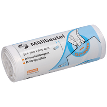 Eine Rolle weißer DEISS Müllbeutel 500x600 mm aus HDPE, 30 Liter, von EMIL DEISS KG (GmbH + Co.) mit deutschem Text, der die Größe und Spezifikationen angibt, mit einer Handillustration, die den "EASY OPENER" hervorhebt und Hinweisen auf reißfeste Müllbeutel.