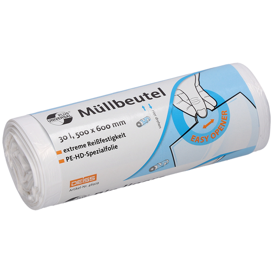 Eine Rolle weißer DEISS Müllbeutel 500x600 mm aus HDPE, 30 Liter, von EMIL DEISS KG (GmbH + Co.) mit deutschem Text, der die Größe und Spezifikationen angibt, mit einer Handillustration, die den "EASY OPENER" hervorhebt und Hinweisen auf reißfeste Müllbeutel.