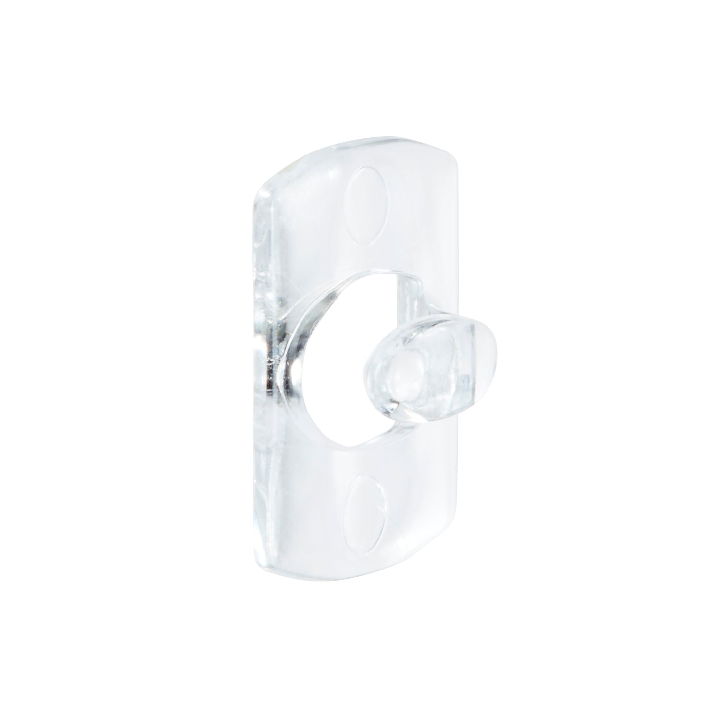 Een transparante Command™ decoratieclip van 3M Deutschland GmbH, rechthoekig met een afgeronde middenopening en twee schroefgaten, is afgebeeld op een witte achtergrond.