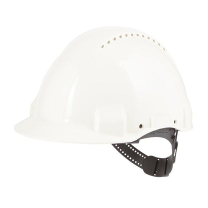 De 3M Deutschland GmbH 3M™ Beschermhelm G3000C Uvicator beschikt over ventilatieopeningen, een verstelbare zwarte kinriem en een Uvicator-sensor voor optimale arbeidsbescherming, afgebeeld op een eenvoudige witte achtergrond.