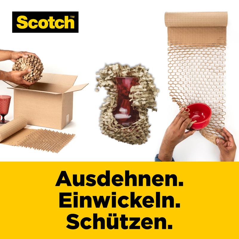 Een persoon verpakt een rode vaas met Scotch™ Cushion Lock™ Beschermverpakking, 30,4 cm x 9,14 m van 3M Deutschland GmbH; een andere verpakt een schaal. Duitse tekst: "Uitbreiden. Inpakken. Beschermen.