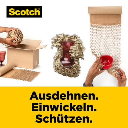Een persoon verpakt een rode vaas met Scotch™ Cushion Lock™ Beschermverpakking, 30,4 cm x 9,14 m van 3M Deutschland GmbH; een andere verpakt een schaal. Duitse tekst: "Uitbreiden. Inpakken. Beschermen.