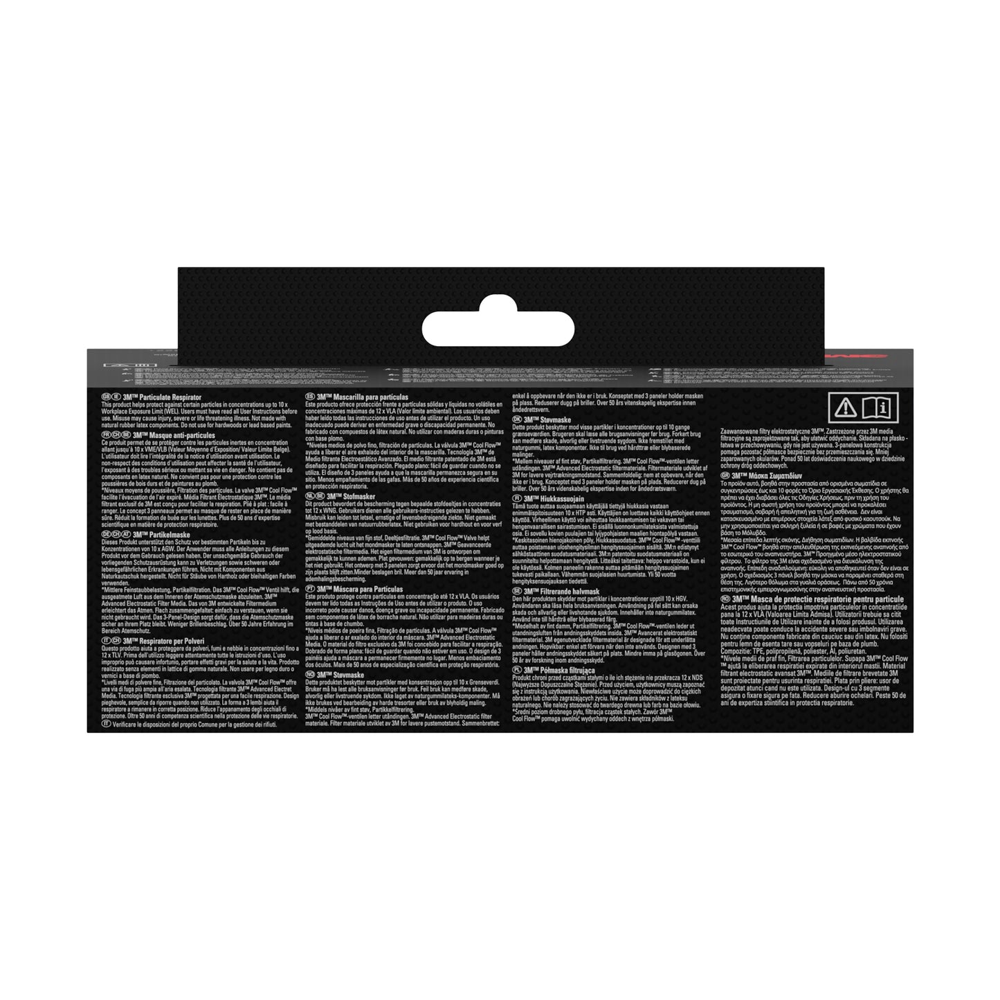 De afbeelding toont de achterkant van een 3M™ Aura™ Comfort Cool Flow™ Deeltjesmasker 9322+ (FFP2, met ventiel) van 3M Deutschland GmbH met meerdere witte tekstblokken in meerdere talen op zwarte achtergrond, een ophanglus in het midden bovenaan en symbolen rechtsboven.