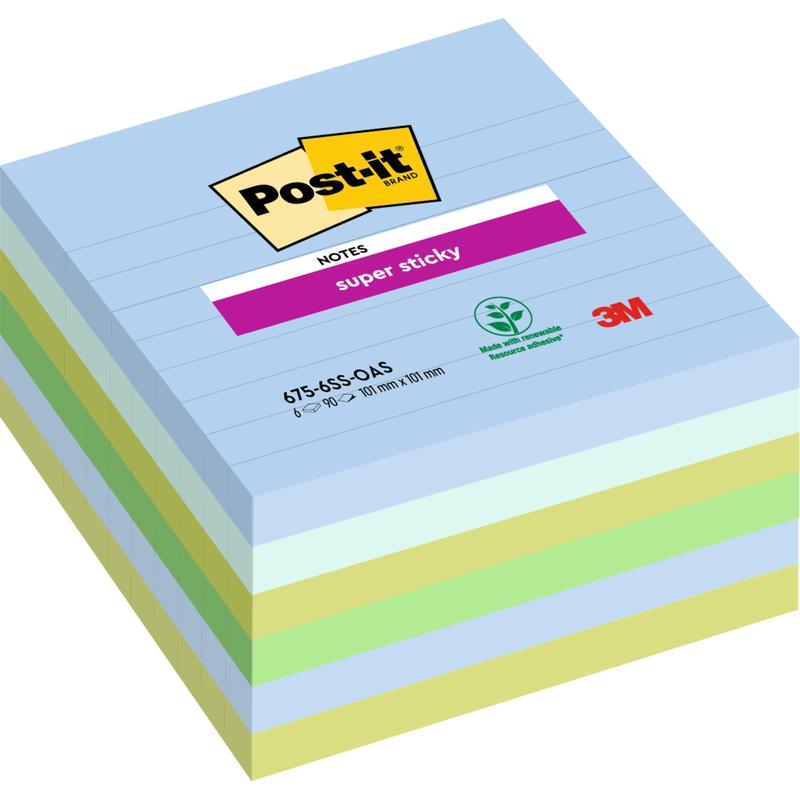 Een stapel grote Post-it® Super Sticky Notes (101 x 101 mm, 90 vel, 100% PEFC) van 3M Deutschland GmbH. Het bovenste vel is voorzien van branding en boscertificering.