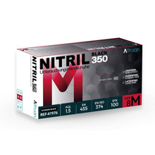 Eine Box Altruan Nitril 350 Black Einmalhandschuhe, schwarz, von BINGOLD GmbH + Co. KG. Die Verpackung ist schwarz-rot-weiß und beschreibt die latexfreien Nitrilhandschuhe auf Deutsch und Englisch. Größe 8 M.