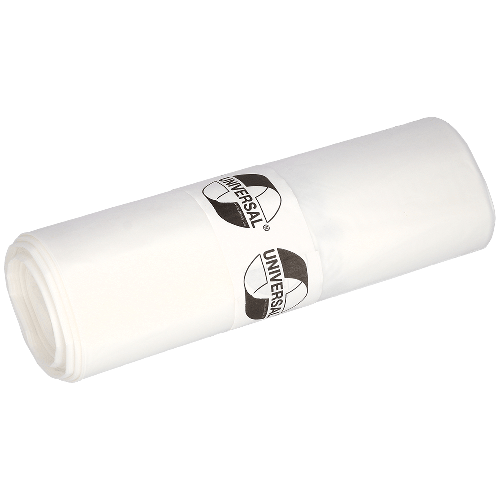 Een rol EMIL DEISS KG (GmbH + Co.) DEISS afvalzakken 575x1000x0,018 mm van HDPE 50 l, verpakt met een gelabelde papieren banderol. Deze stevige witte vuilniszakken zijn ideaal voor dagelijks gebruik. Afgebeeld op een effen, lichte achtergrond.