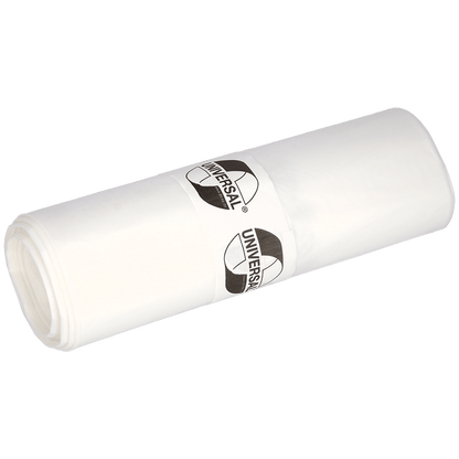 Een rol EMIL DEISS KG (GmbH + Co.) DEISS afvalzakken 575x1000x0,018 mm van HDPE 50 l, verpakt met een gelabelde papieren banderol. Deze stevige witte vuilniszakken zijn ideaal voor dagelijks gebruik. Afgebeeld op een effen, lichte achtergrond.