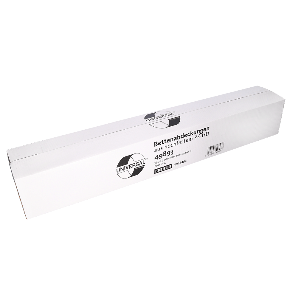 Een rechthoekige witte doos met het opschrift "UNIVERSAL" bevat EMIL DEISS KG (GmbH + Co.) transparante bedhoezen 3200x950 mm, productnaam DEISS 49893, verpakking van 200 stuks, met Duitse tekst op de voorkant.