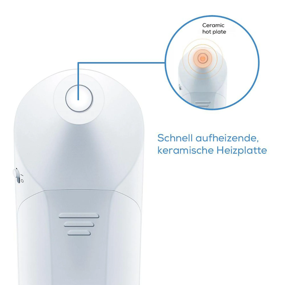 Een close-up van het uitloopartikel: De Beurer Insektenstichheiler BR 60 van de Beurer GmbH toont zijn ronde keramische verwarmingsplaat, die ideaal is voor de behandeling van insectenbeten. Een inzetstuk benadrukt de plaat. Duitse tekst: "Snel opwarmende, keramische verwarmingsplaat."