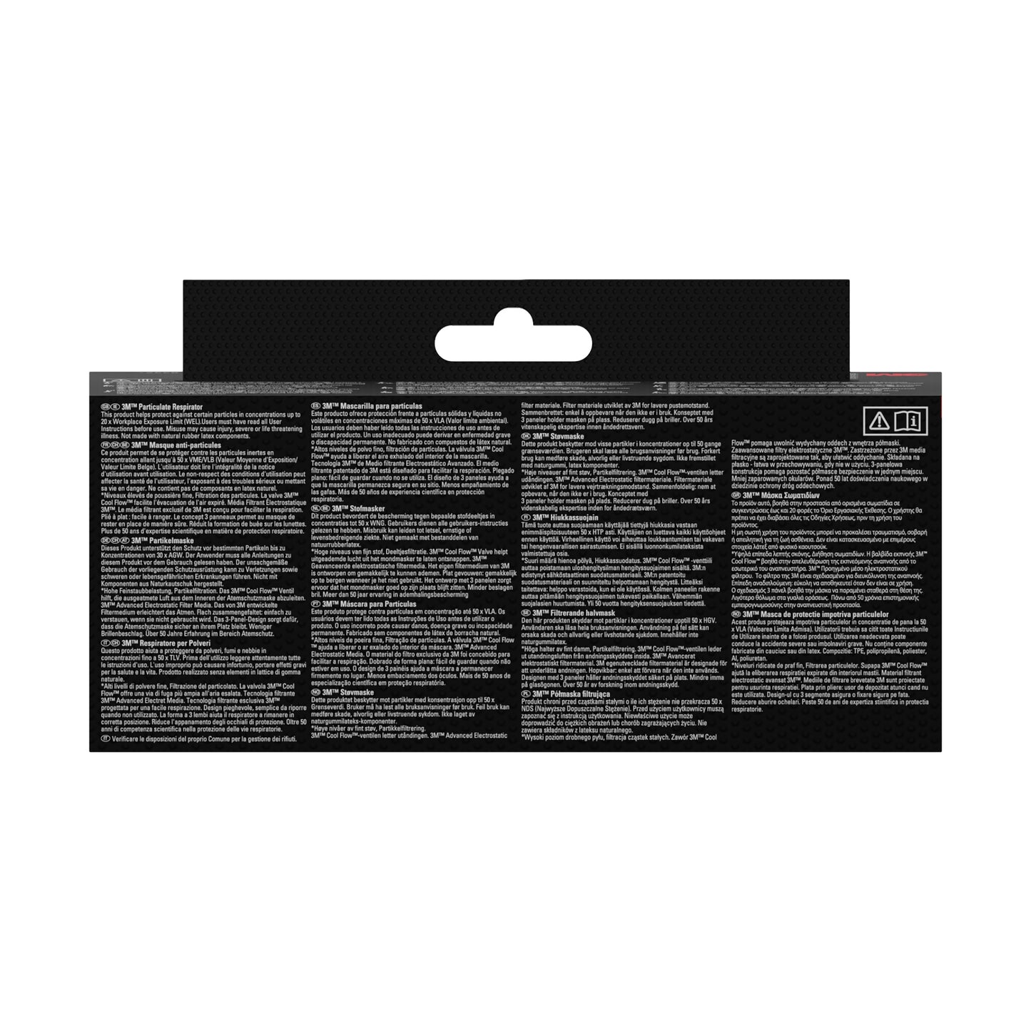 De afbeelding toont de achterkant van een 3M™ Aura™ Comfort Cool Flow™ Deeltjesmasker 9322+, FFP2, met ventielverpakking van 3M Deutschland GmbH met meertalige instructies en waarschuwingen in kleine witte letters op zwarte achtergrond en een ophanglus bovenaan.