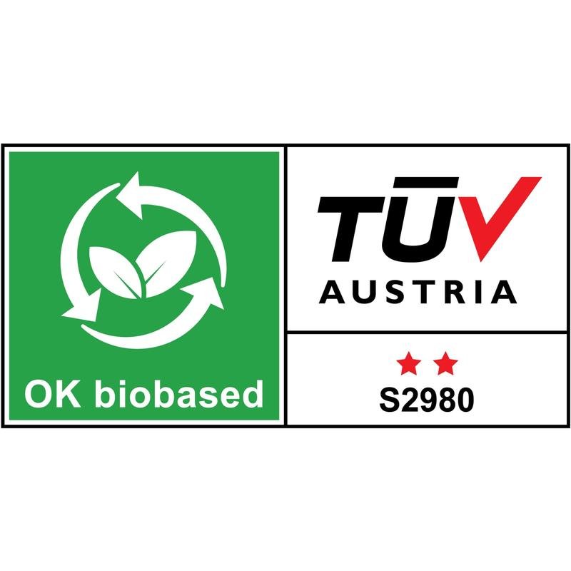 De verpakking van de Scotch™ roestvrijstalen plakbandhouder, zilver + Scotch® Magic™ plakband van 3M Deutschland GmbH toont een groen-wit "OK biobased"-logo met twee bladeren (TÜV AUSTRIA S2980, twee rode sterren).