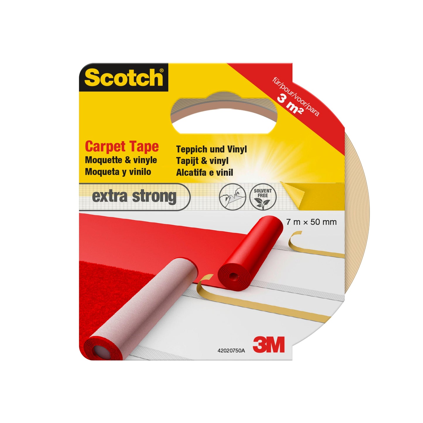 Scotch® tapijttape van 3M Deutschland GmbH, extra sterk, 7 m x 50 mm, is ideaal voor het bevestigen van tapijten of vinyl. De rood-gele verpakking is voorzien van rolletjes tape, meertalige informatie en het 3M-logo.