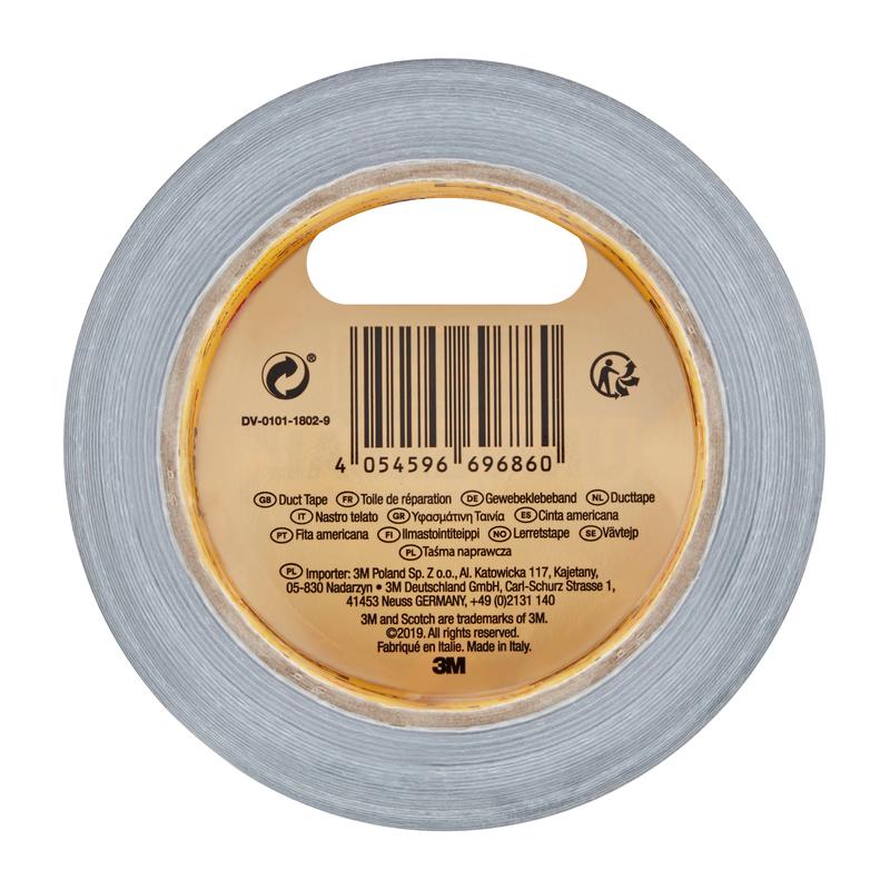 Een rol Scotch® Universal Tape 2904 (25 m x 48 mm) van 3M Deutschland GmbH in bovenaanzicht, met barcode, productgegevens en meertalige opschrift op de binnenste kartonnen kern. Het 3M-logo bevindt zich aan de onderkant van het etiket.