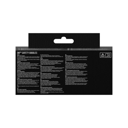 Die Rückseite einer Verpackung der 3M Deutschland GmbH 3M™ Classic Schutzbrille 4800 zeigt Produktdetails, Anweisungen, Vorsichtsmaßnahmen und Warnhinweise in mehreren Sprachen auf Schwarz. Zwei Sicherheitssymbole heben das Design der indirekt belüfteten Klarsichtscheibe hervor.