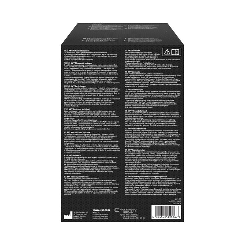 Achterkant van een zwarte doos van 3M Deutschland GmbH met witte tekst in meerdere talen, die het 3M™ Cool Flow™ deeltjesmasker 8822, FFP2, met ventiel beschrijft. Onderaan zijn productdetails, instructies, veiligheidswaarschuwingen, symbolen en een streepjescode te zien.